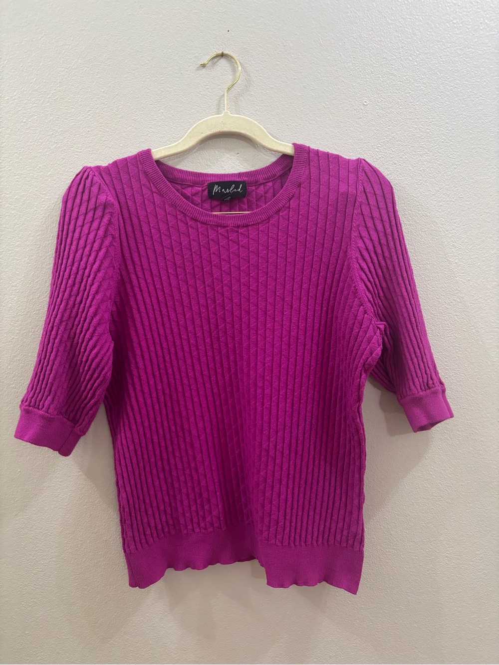 Marled Fuchsia Ribbed Short Sleeve Crew Sweater
